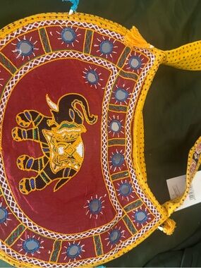 Hand-Embroidered Elephant Crossbody Bag in Maroon & Yellow